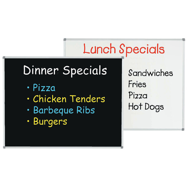 A black and white Aarco write-on menu board with the words "lunch specials" on the black side and "dinner specials" on the white side.