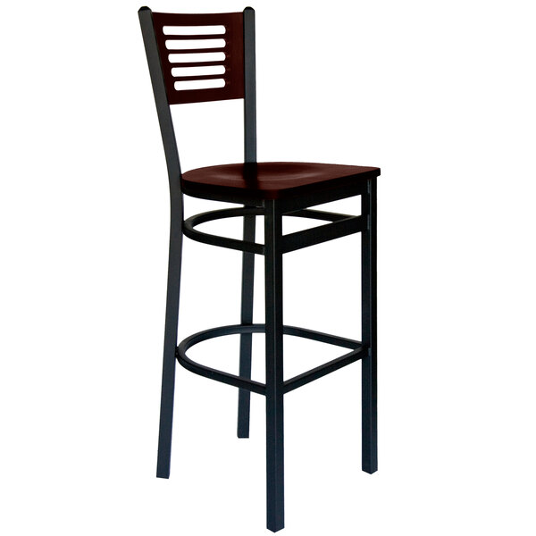 A BFM Seating black metal bar chair with a wooden seat and back.