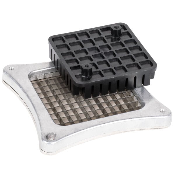 A black plastic push block with a metal blade and grate.