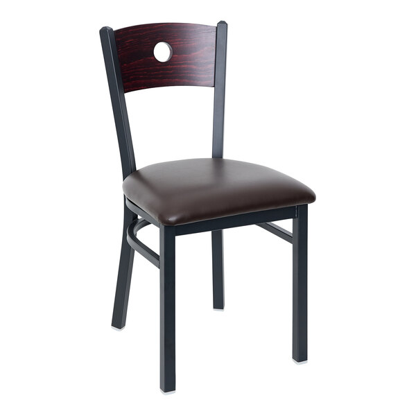 BFM Seating Darby Sand Black Metal Side Chair with Mahogany Wooden Back and 2" Dark Brown Vinyl Seat
