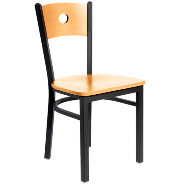 A BFM Seating Darby Sand Black Metal Side Chair with Natural Wooden Back and Seat on a white background.