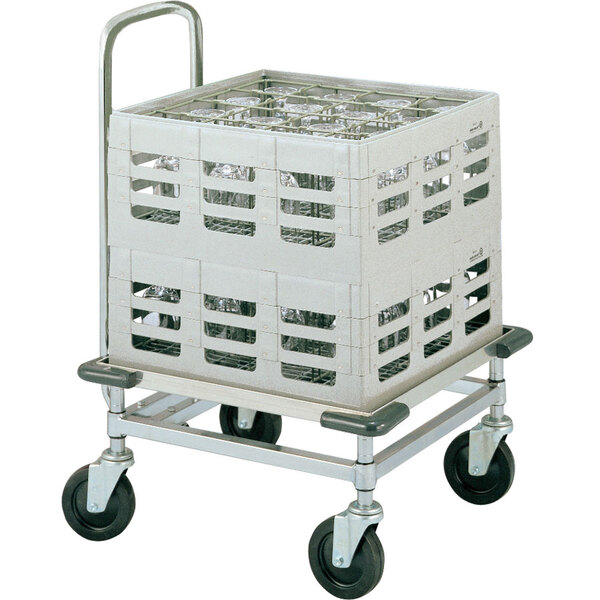 A Metro heavy duty aluminum glass rack dolly with handle.