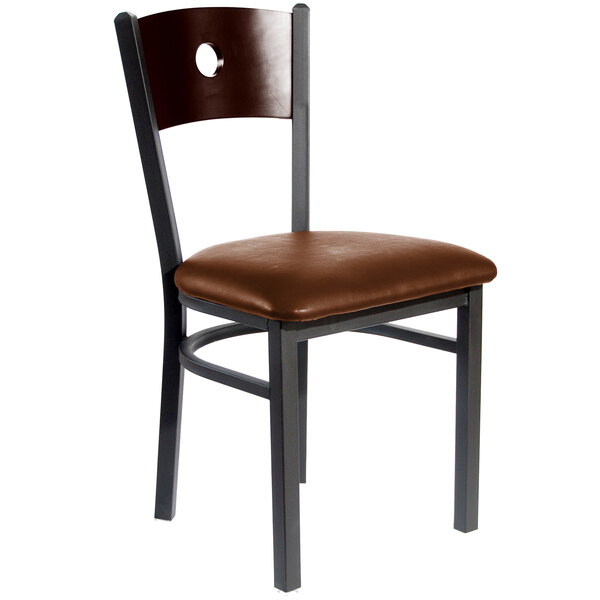 A brown BFM Seating restaurant chair with a black metal frame and light brown vinyl seat.