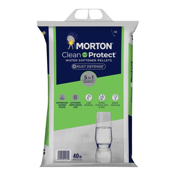 A bag of Morton Rust Remover Water Softening Pellets with a white label.