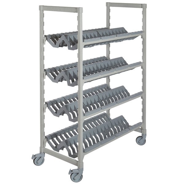 A grey metal Cambro Camshelving Premium drying rack with wheels.