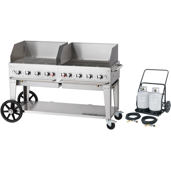 A Crown Verity 60" mobile outdoor grill with cart, wheels, and propane tanks.
