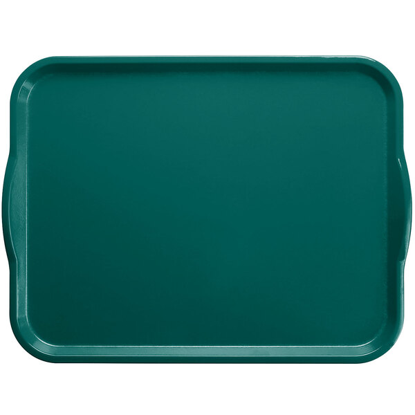 A teal Cambro rectangular tray with handles.