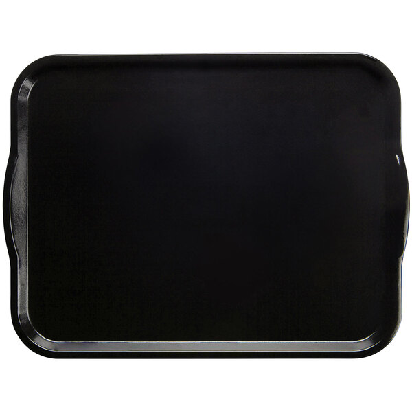 A black rectangular Cambro tray with handles.