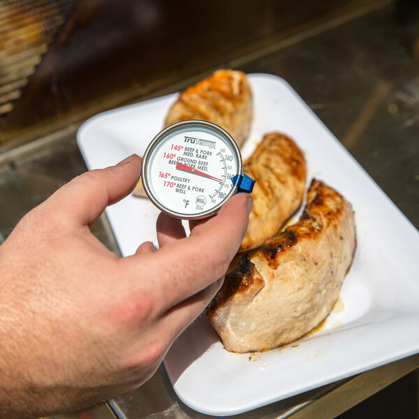 A hand holding a Taylor probe dial meat thermometer over a plate of food.