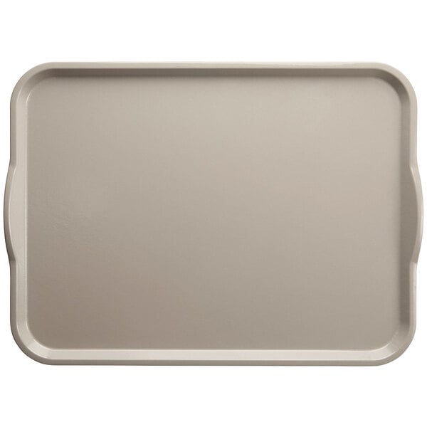 A pearl gray rectangular Cambro tray with white handles.