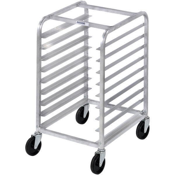 A Channel stainless steel end load sheet pan rack with black wheels holding six sheet pans.