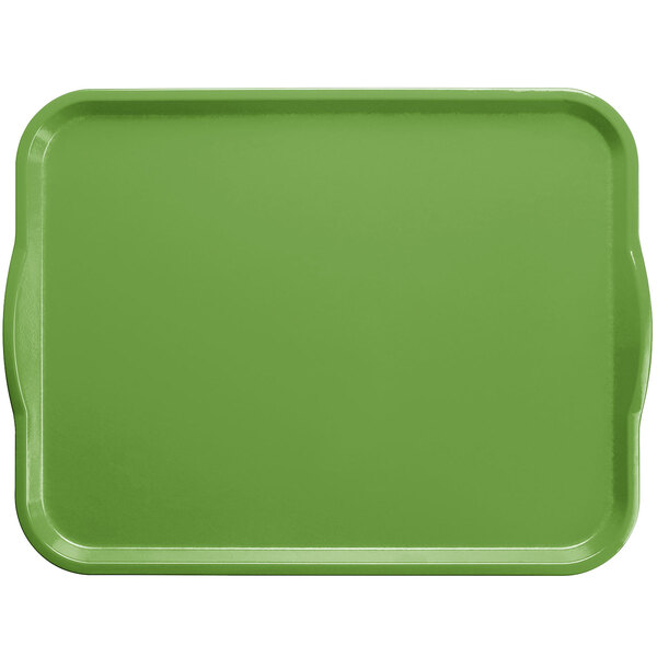 A lime green rectangular Cambro tray with white handles.
