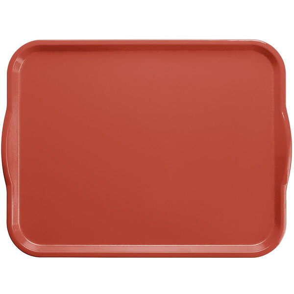 A raspberry cream rectangular Cambro tray with handles.