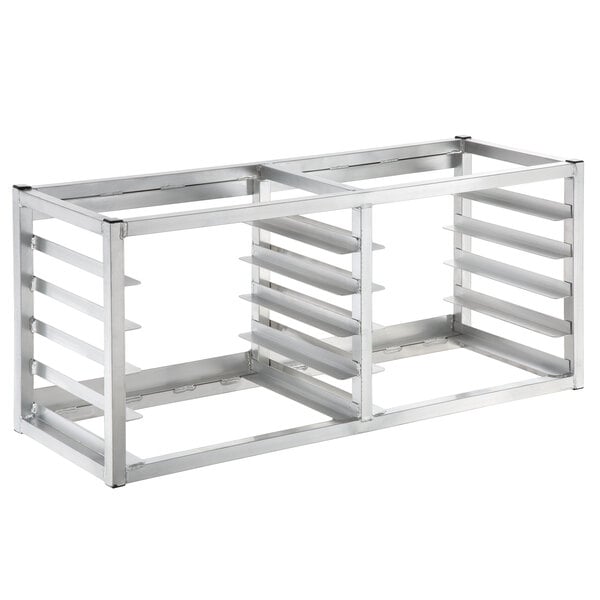 A Channel metal wall mount sheet pan rack with shelves.