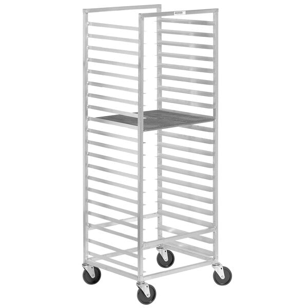 A Channel metal donut screen rack with wheels.