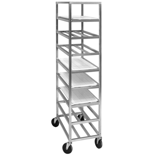 A silver metal Channel UPR8 platter rack with eight shelves on wheels.