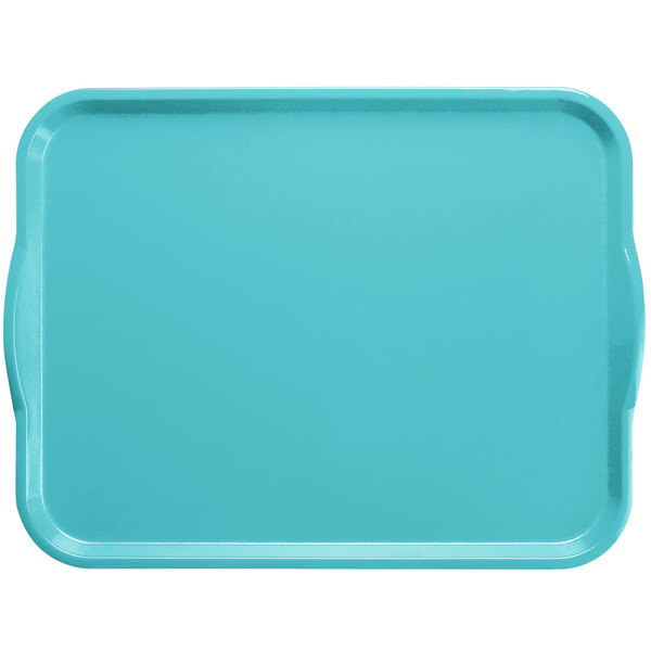 A blue rectangular Cambro tray with white handles.