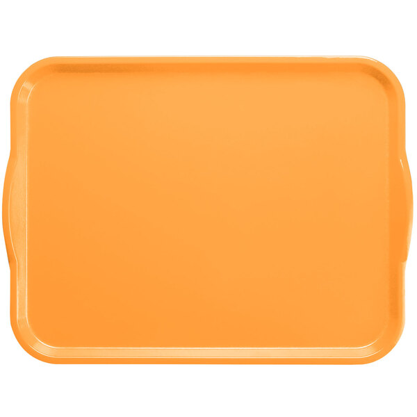An orange rectangular Cambro tray with handles.
