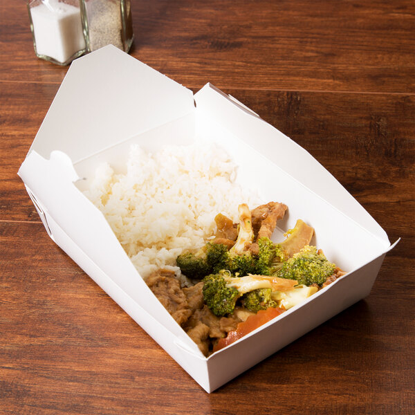 A white Fold-Pak Bio-Pak take-out box filled with rice and meat.