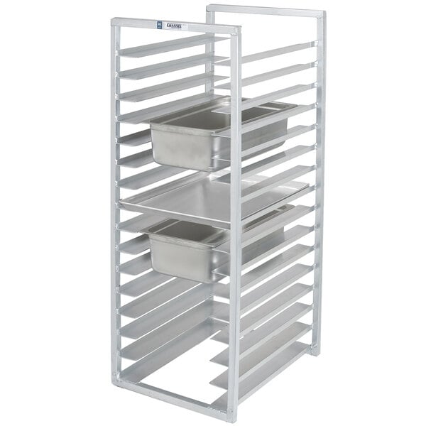 A Channel metal rack with trays on it.