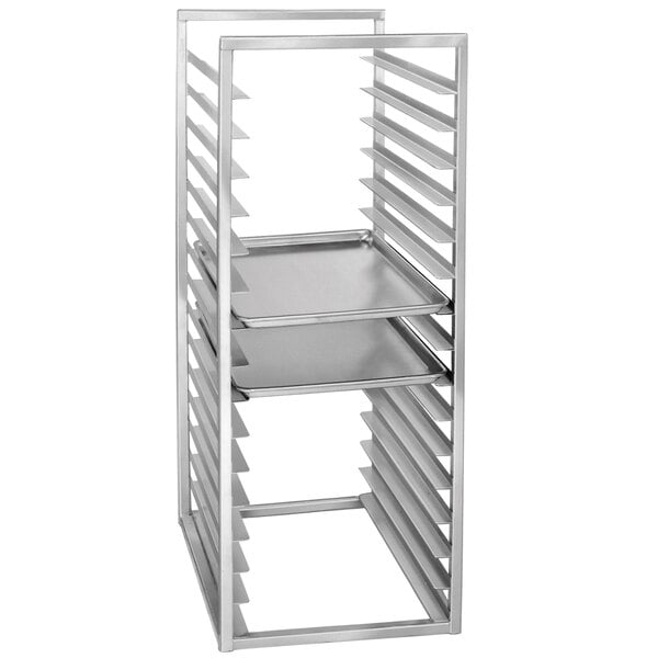 A Channel aluminum sheet pan rack with trays on shelves.