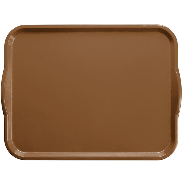 A brown rectangular Cambro tray with white handles.