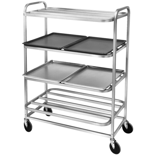 A Channel 4 shelf metal merchandising cart with black trays on wheels.