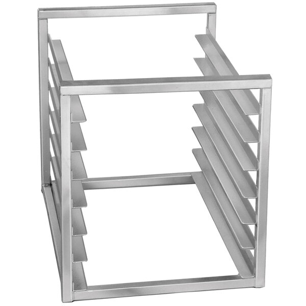 A Channel stainless steel sheet pan rack with 10 shelves.