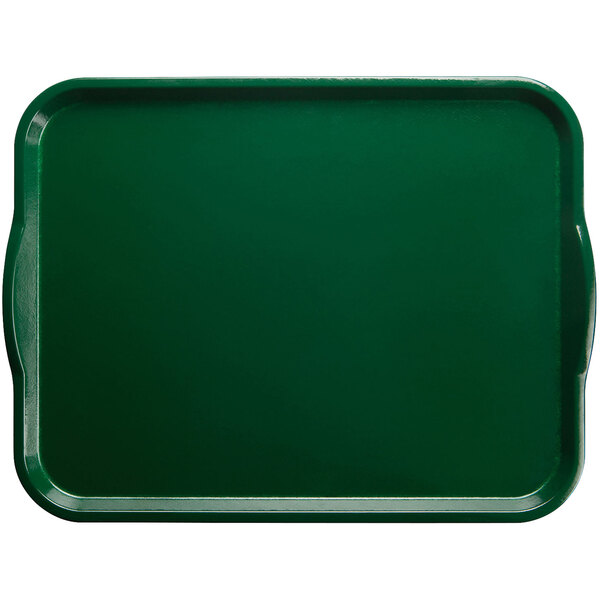 A Sherwood green rectangular Cambro tray with handles.