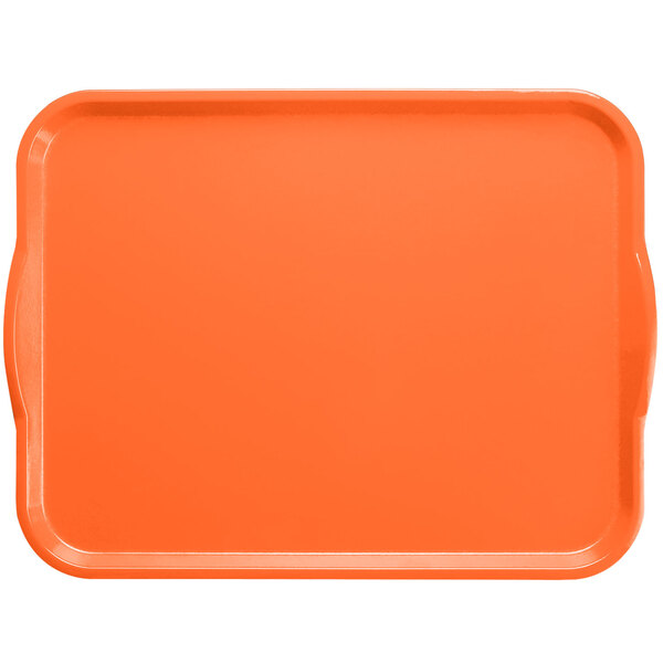 An orange rectangular Cambro tray with handles.