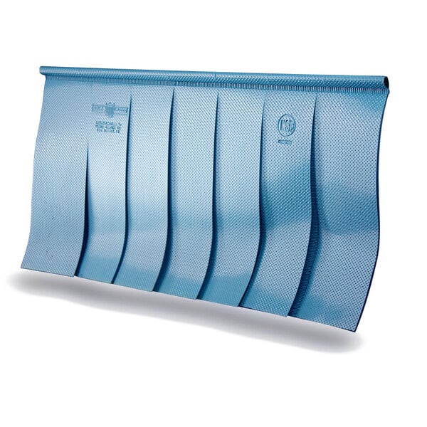 A blue plastic sheet with curved lines and many holes.