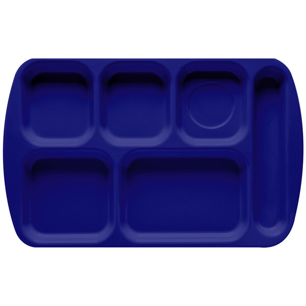 A blue tray with six rectangular compartments.