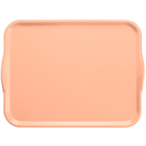 A dark peach rectangular Cambro tray with handles.