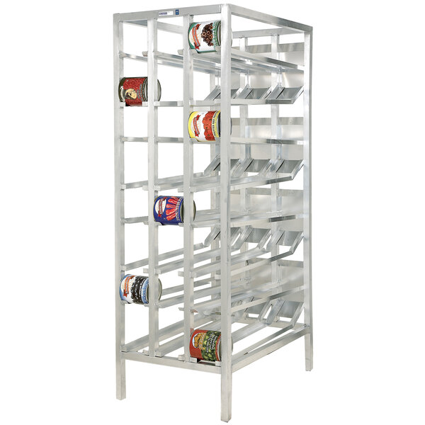 A Channel aluminum can rack with cans of food on it.