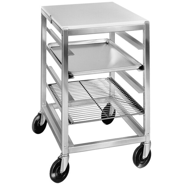 A Channel end load half height sheet pan rack on wheels.