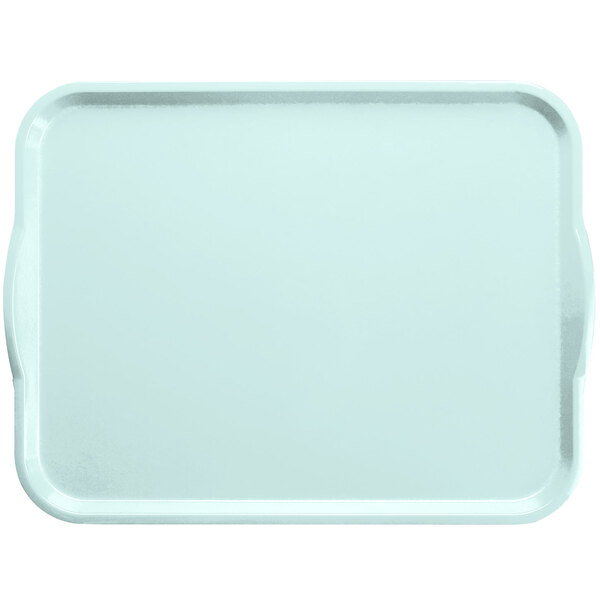 A light blue rectangular Cambro tray with handles.