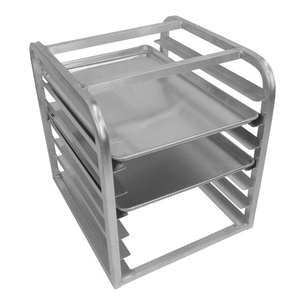 A Channel aluminum sheet pan rack with seven trays on it.