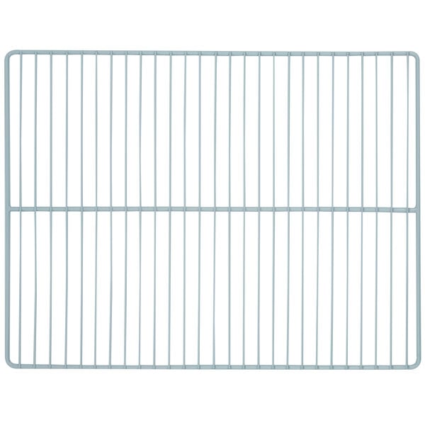 A gray coated wire shelf with black clips and metal grid on a white background.