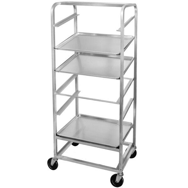 A silver metal Channel SRS-11 side load merchandising cart with slanted shelves.