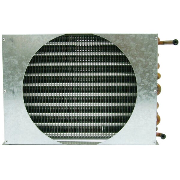 A metal condenser coil with copper pipes.