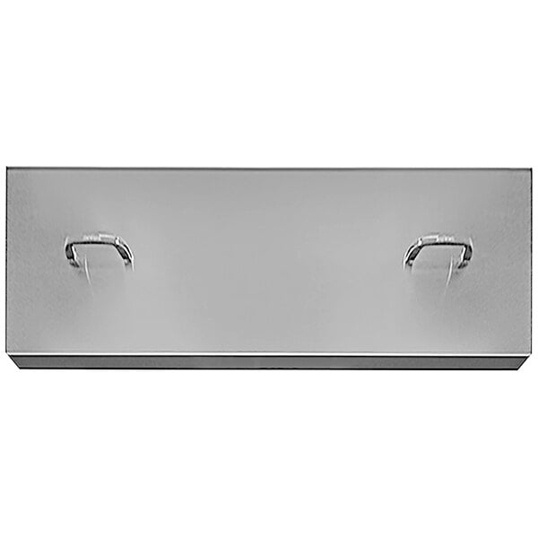 A gray metal lid with handles.