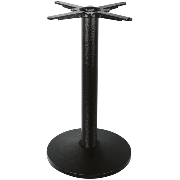 A FLAT Tech black round metal table base with a black pole.