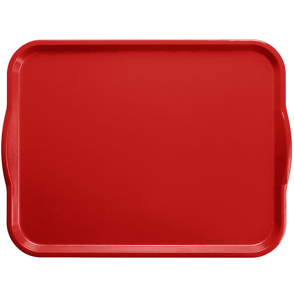 A Cambro Ever Red rectangular fiberglass tray with white border and handles.