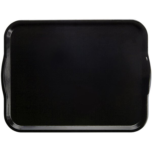 A black rectangular Cambro tray with handles.