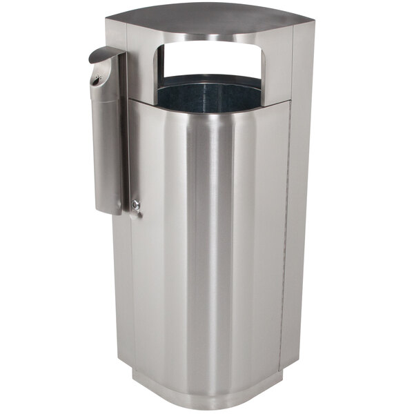 A silver stainless steel Commercial Zone Leafview trash receptacle with a lid.