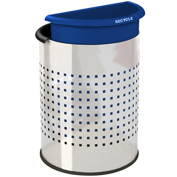 A white and blue stainless steel round recycler wastebasket with black and blue liners.