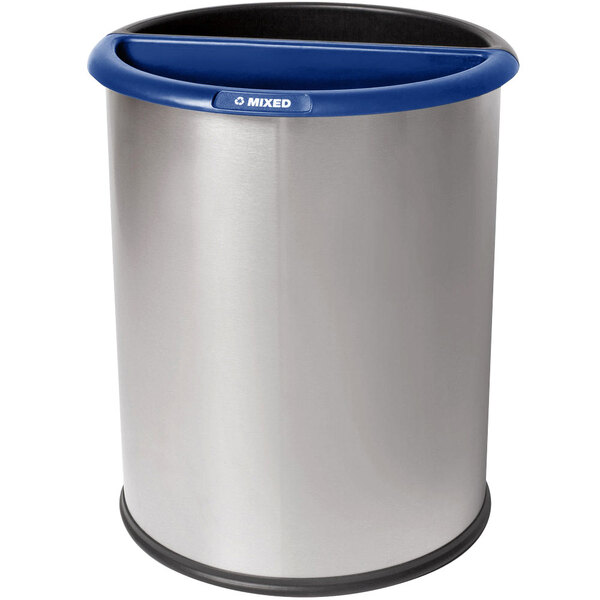 A Commercial Zone stainless steel round recycler trash receptacle with blue and black liners.