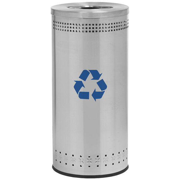 A silver stainless steel trash can with a recycling symbol on it.