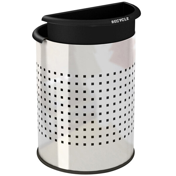 A silver stainless steel round recycler trash receptacle with black liners.