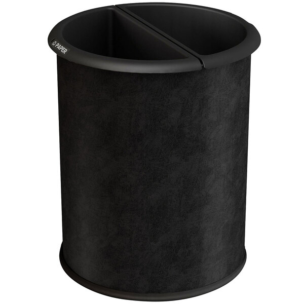 A black round recycler trash receptacle with two compartments and black liners.